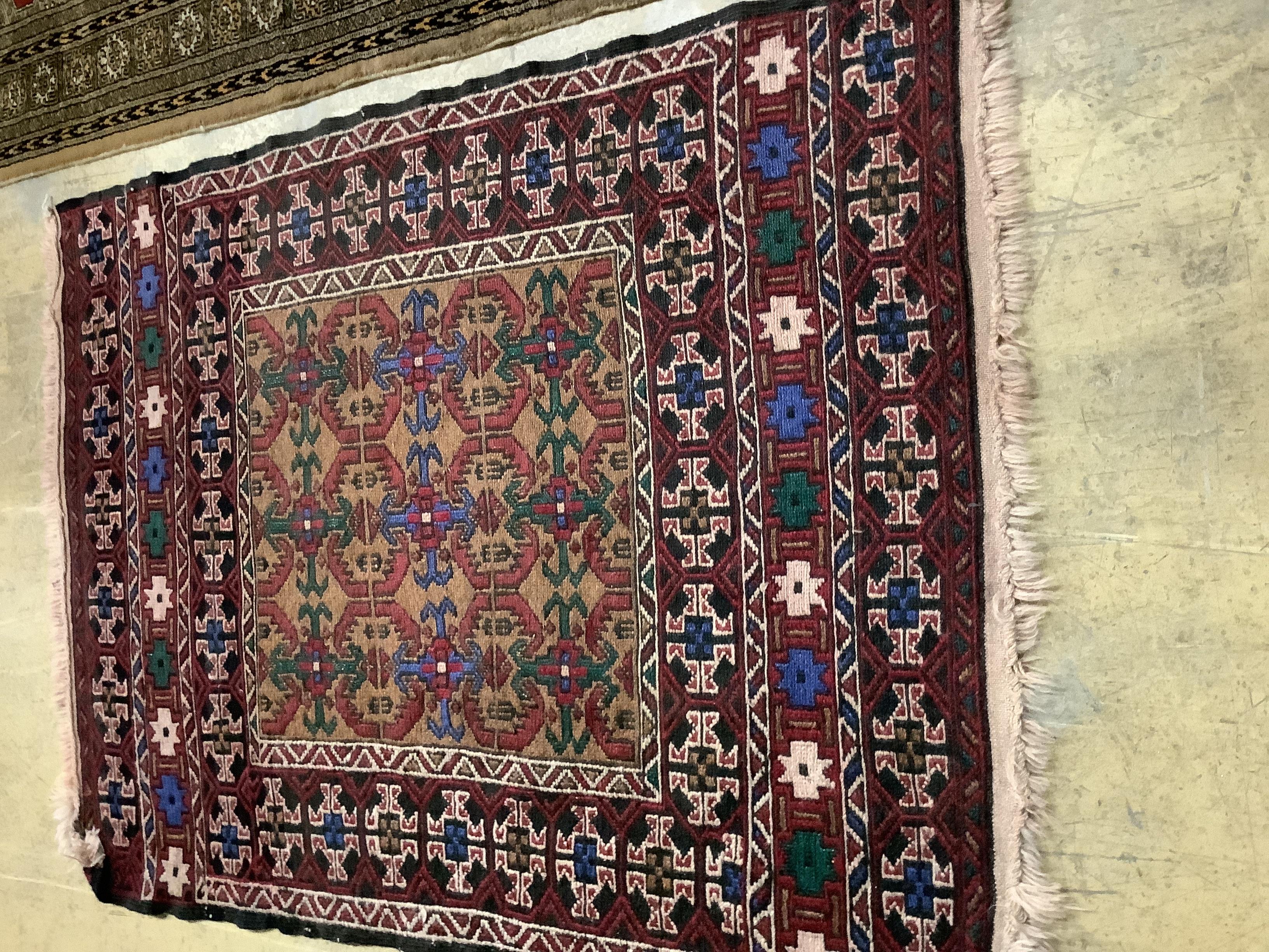 Two Bokhara rugs and a Baktiari Kilim rug, largest 160 x 98cm